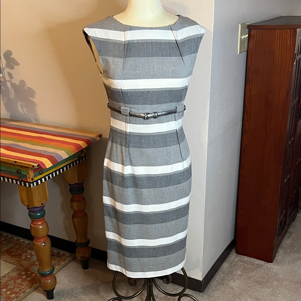 Calvin Klein Gray and White Striped Midi Dress